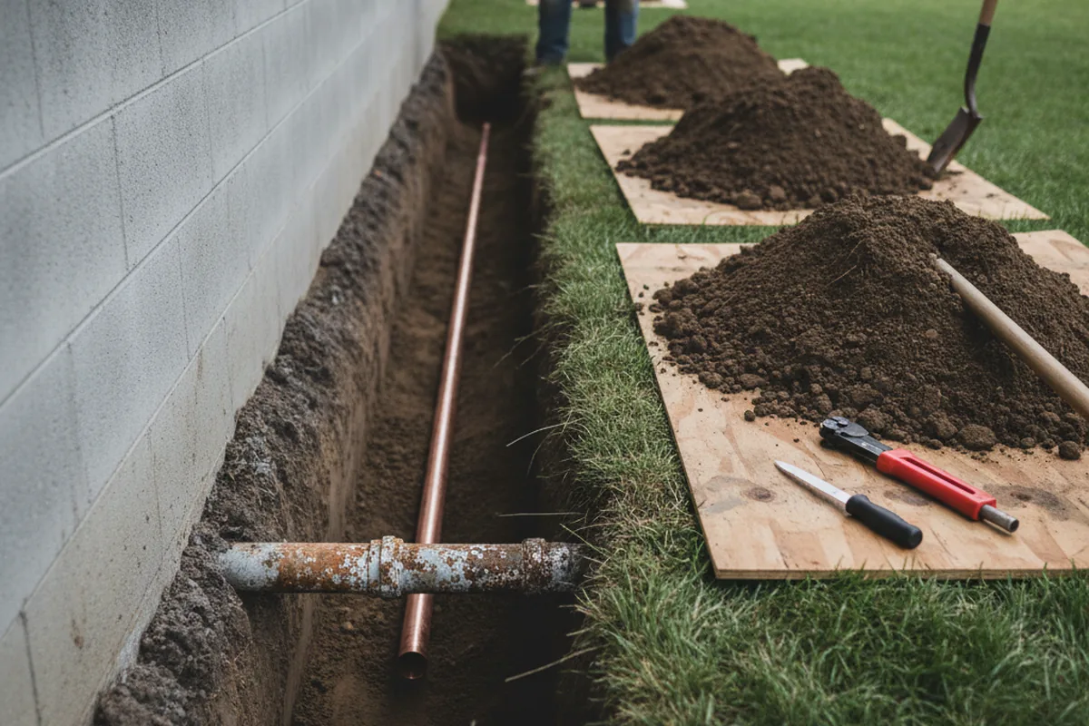Excavated water line trench during Water Softener Installation in Oxon Hill